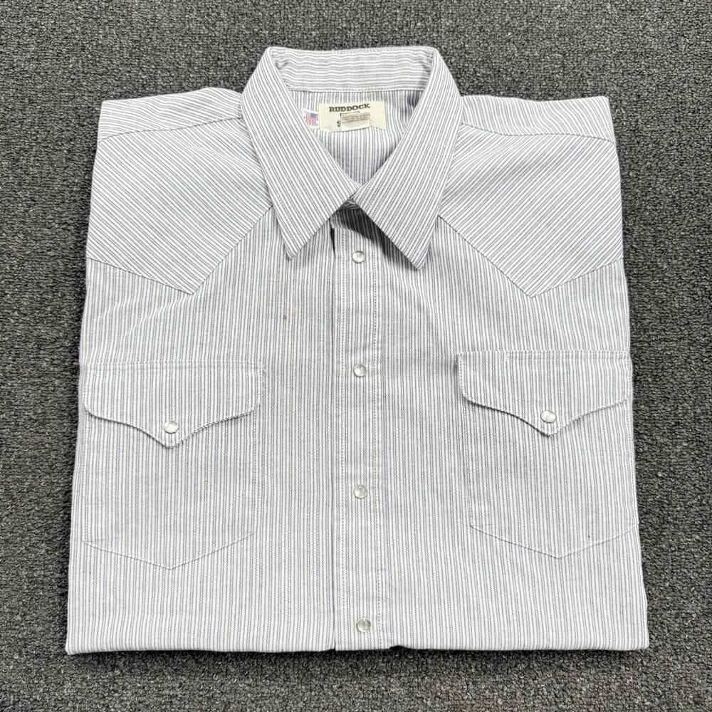 Ruddock Mens Blue & White Strip Western Pearl Snap Short Sleeve Shirt Size 17.5